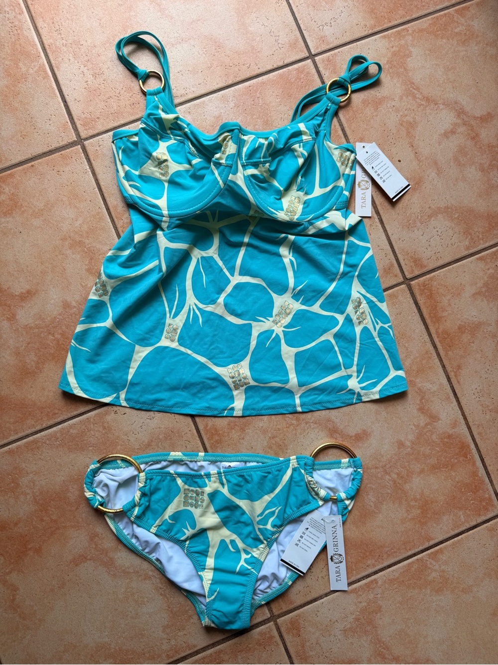 Tankini Swim Set in Turquoise and Cream - Tara Grinna